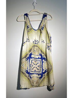 Edme & Esyllte Silk Sleeveless Geometric Print Dress S Green & Blue Large Gypsy